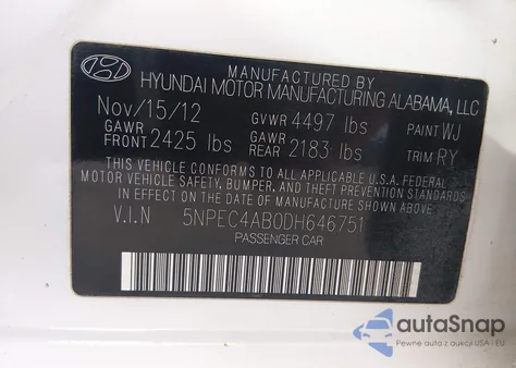 2013 Hyundai Sonata Limited 2.0T z USA, uszkodzony, nr VIN 5NPEC4AB0DH646751
